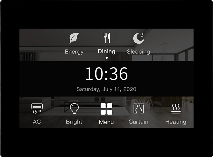 HDL Granite 4 inch smart home touch panel in a minimalist interior, featuring a high-resolution display for lighting and climate control.
