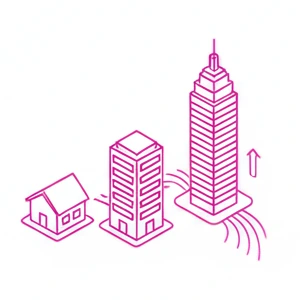 Minimalist magenta icon showing a progression from a small house to a skyscraper, representing KNX scalability for enterprise-grade developments.