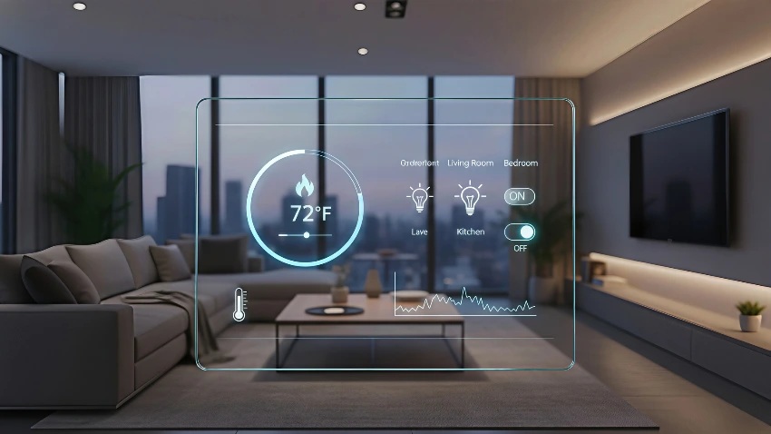 Smart home control panel managing lights, security, and thermostat Smart home control panel managing lights, security, and thermostat